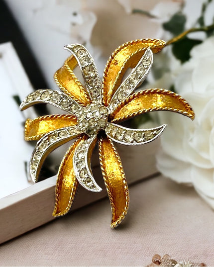 Vintage Brushed silver and gold rhinestone flower startburat brooch