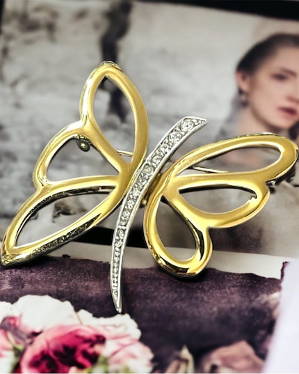 Beautiful silver & gold rhinestone butterfly brooch