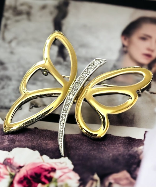 Beautiful silver & gold rhinestone butterfly brooch