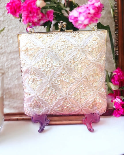 Vintage white bead square bag 6x6” wedding