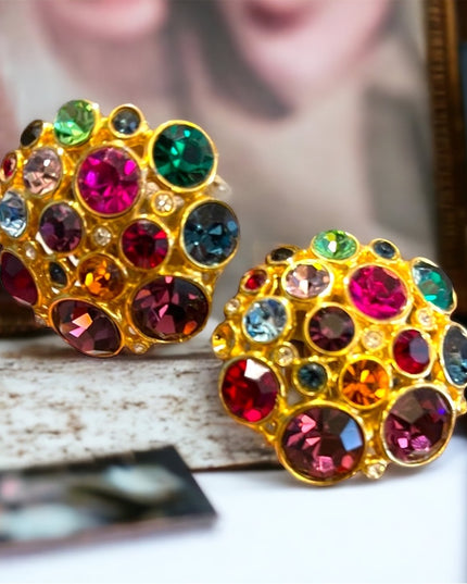 Vintage Chunky gold finish Blanca Coloful crystal encrusted clip on earrings