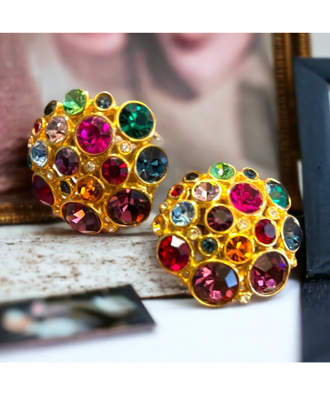 Vintage Chunky gold finish Blanca Coloful crystal encrusted clip on earrings