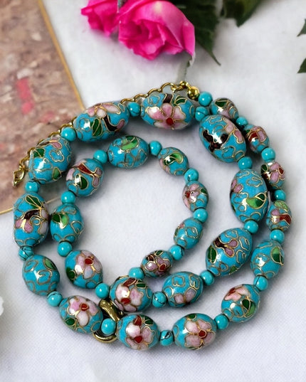 Beautiful blue metal cloissone flower bead necklace