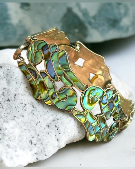 Vintage Mexico LS Taxco Eagle mark appx 1960s Abalone inlay scrolled bracelet