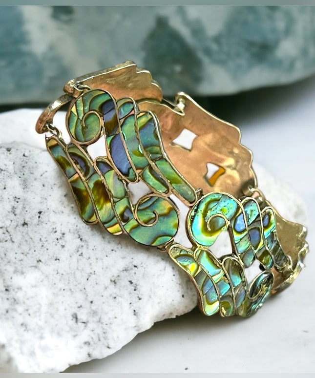 Vintage Mexico LS Taxco Eagle mark appx 1960s Abalone inlay scrolled bracelet