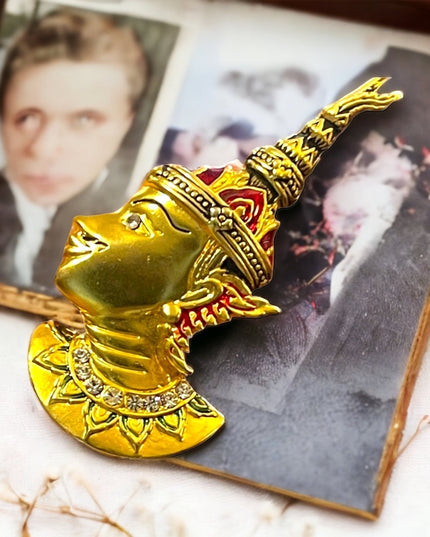 Vintage 1960s Siam Buddah gold enameled gold finish rhinestone brooch