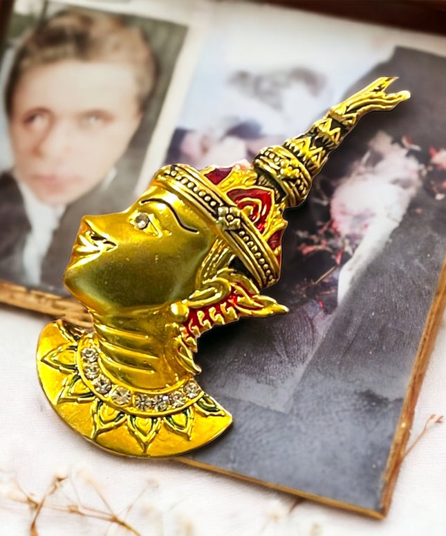 Vintage 1960s Siam Buddah gold enameled gold finish rhinestone brooch