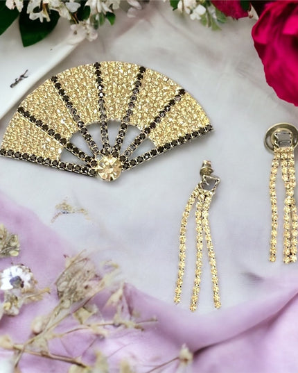 Vintage black and clear crystal fan brooch & dangle earrings SET