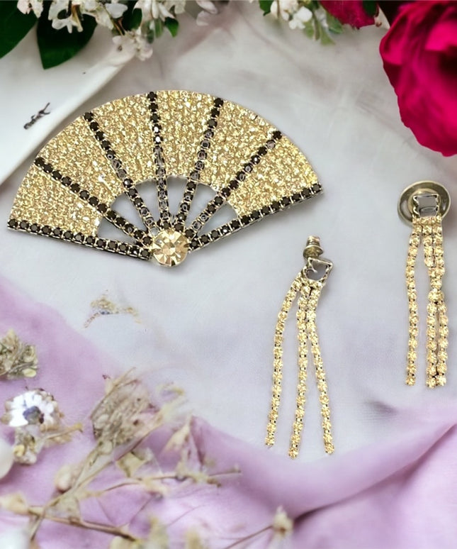 Vintage black and clear crystal fan brooch & dangle earrings SET