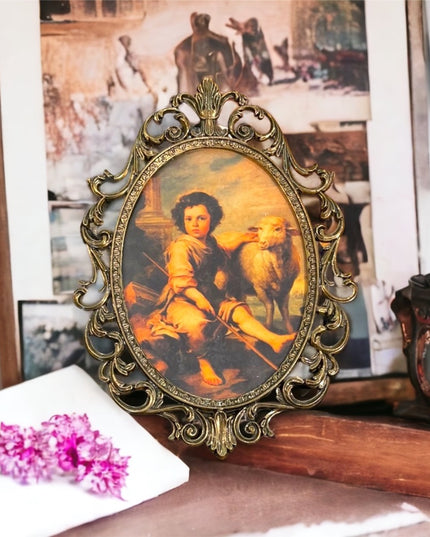 Vinttage Oval Metal Italy fancy picture boy sheep