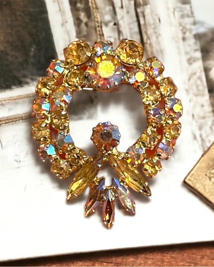 Vintage 1960s Amber AB crystal Rhinestone statement brooch
