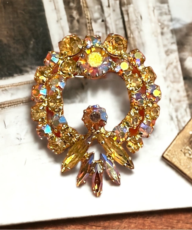 Vintage 1960s Amber AB crystal Rhinestone statement brooch