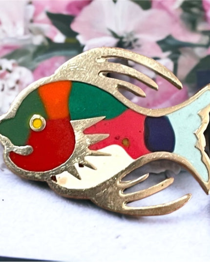 Vintage sterling silver 925 Mexico enameled fish brooch pendant