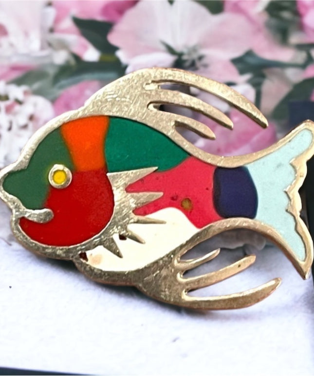 Vintage sterling silver 925 Mexico enameled fish brooch pendant