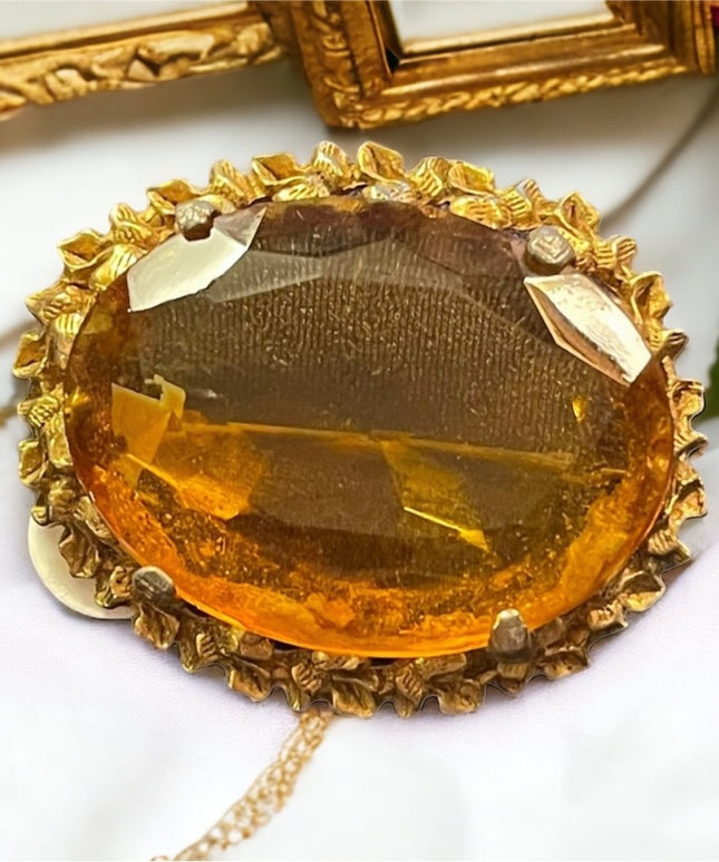 Vintage gold finish large amber crystal glass chunky brooch