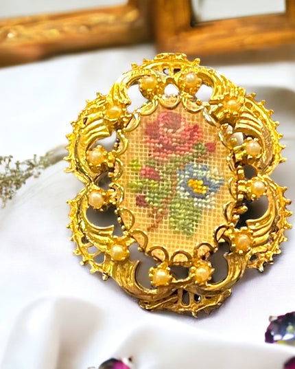 Vintage ornate gold finish faux pearl Petite point flower brooch pendant