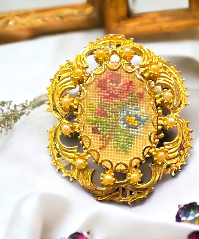 Vintage ornate gold finish faux pearl Petite point flower brooch pendant