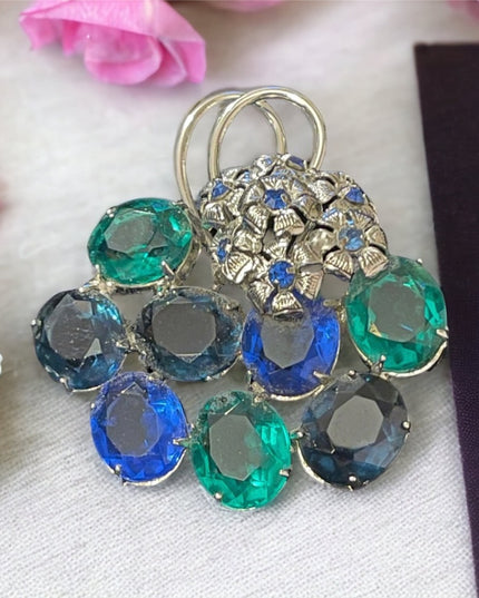Vintage blue & green fancy crystal bouquet flower brooch