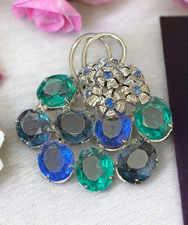 Vintage blue & green fancy crystal bouquet flower brooch