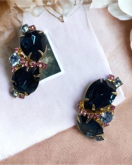 Vintage 1960s Fancy blue & pink crystal clip on earrings gold finish party