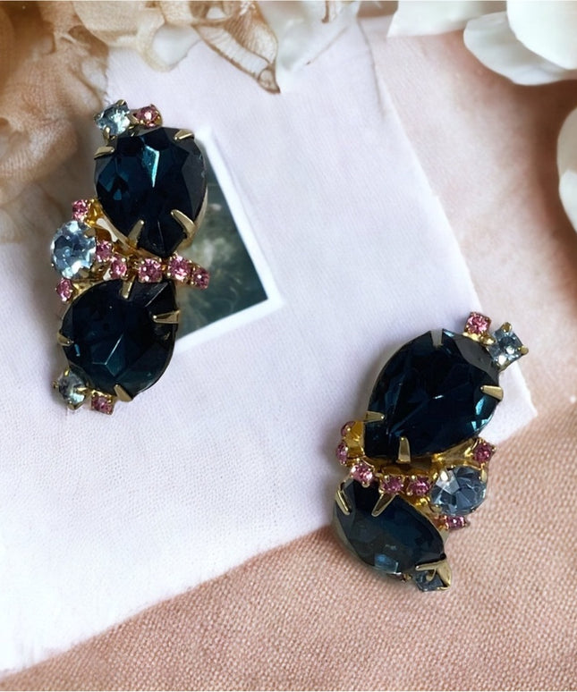 Vintage 1960s Fancy blue & pink crystal clip on earrings gold finish party