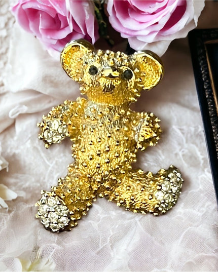 Vintage 1980s D Orlan Gold finish rhinestone teddy bear brooch