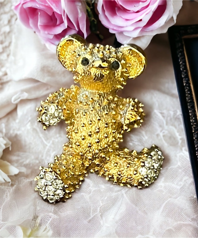 Vintage 1980s D Orlan Gold finish rhinestone teddy bear brooch