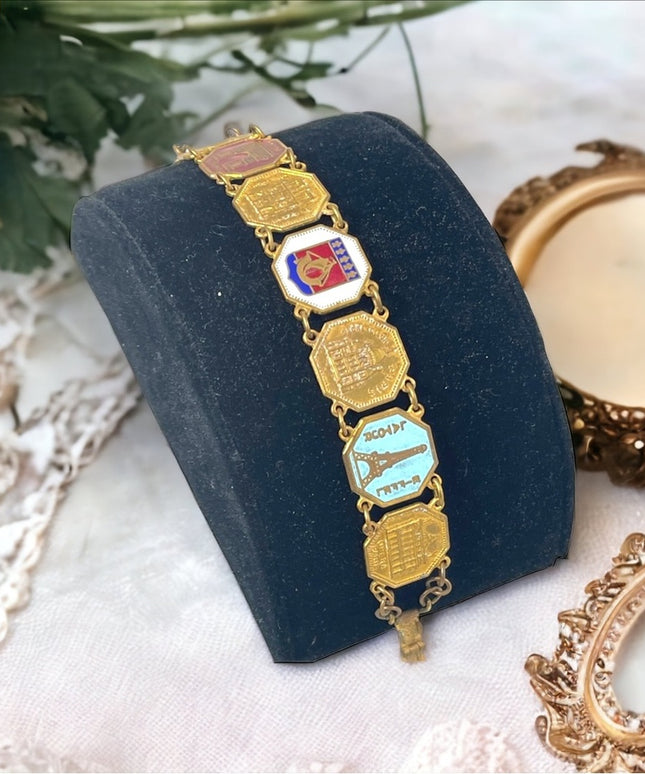 Vintage Brass FRENCH FRANCE PARIS Eiffel tower tourist link bracelet enamel