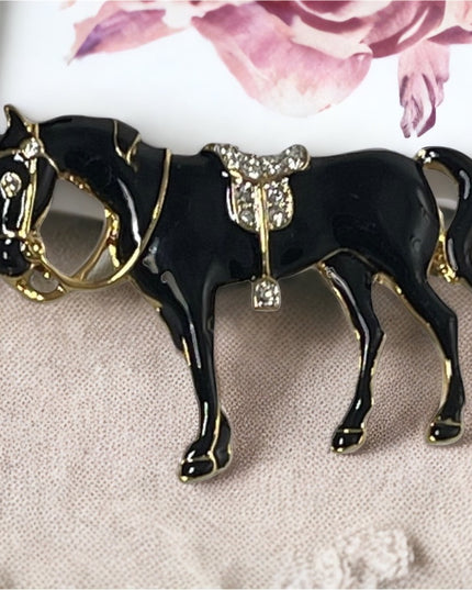 Vintage 1980s D Orlan  Black enamel rhinestone horse brooch