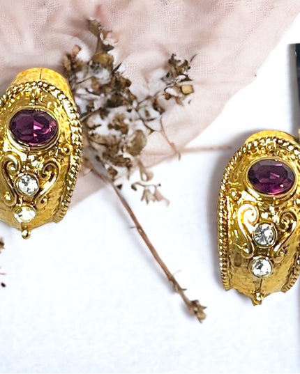 1980s Couture chunky gold crystal amethyst purple crystal dangle earrings
