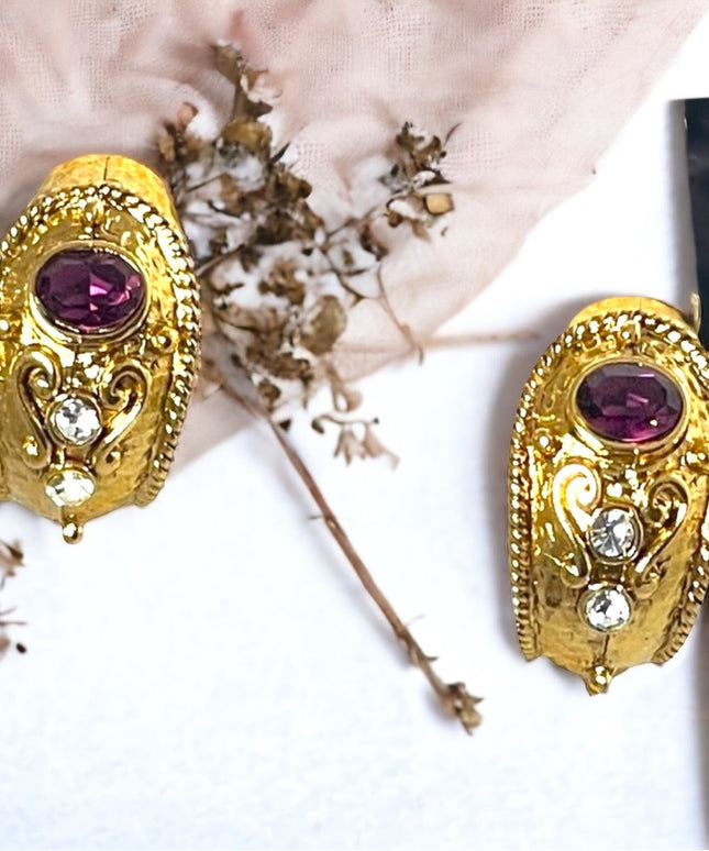1980s Couture chunky gold crystal amethyst purple crystal dangle earrings