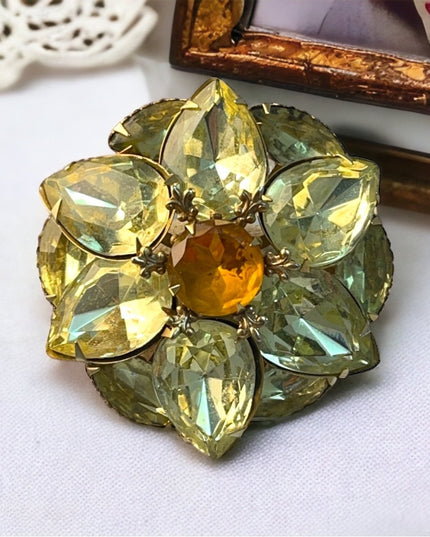 Beautiful Vintage gold finish pastel yellow flower crystal brooch
