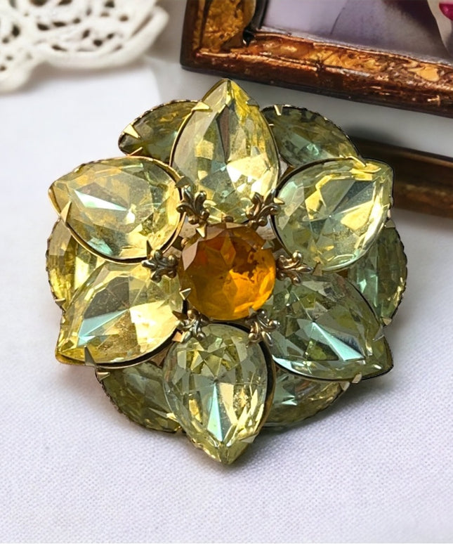 Beautiful Vintage gold finish pastel yellow flower crystal brooch