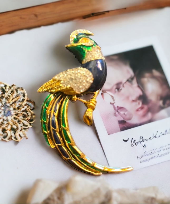 Vintage enameled colorful crystal large bird brooch