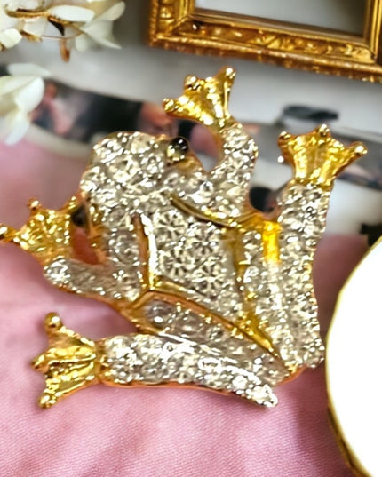 Vintage D’Orlan frog rhinestone crystal RARE brooch 1.3” gold finish
