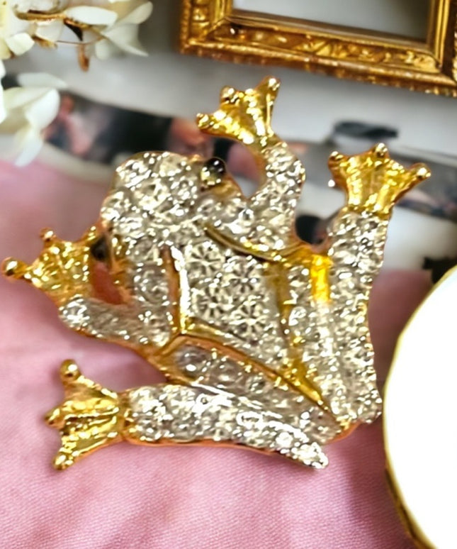 Vintage D’Orlan frog rhinestone crystal RARE brooch 1.3” gold finish