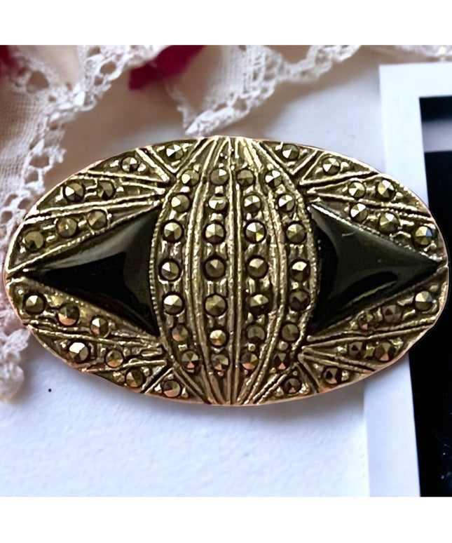 Vintage Sterling silver marcasite black onyx art deco brooch