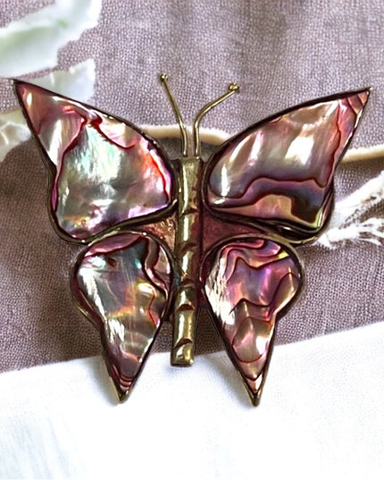 Vintage Alpaca Mexico Purple Abalone silver large butterfly brooch