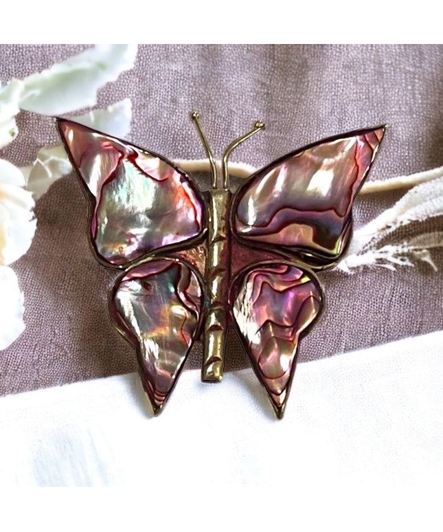 Vintage Alpaca Mexico Purple Abalone silver large butterfly brooch