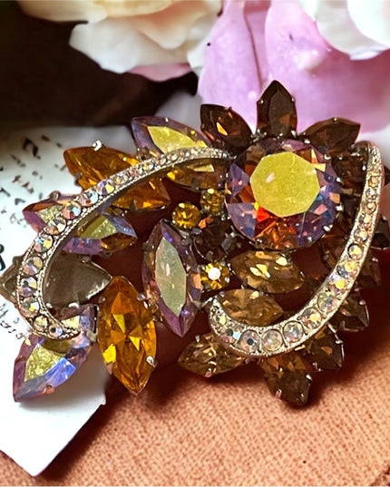 Stunning vintage crystal amber AB brooch fancy flower