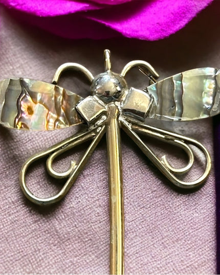 Vintage Alpaca Mexico Abalone dragonfly necklace pendant