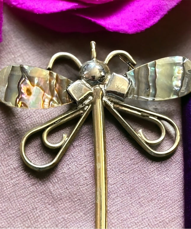 Vintage Alpaca Mexico Abalone dragonfly necklace pendant
