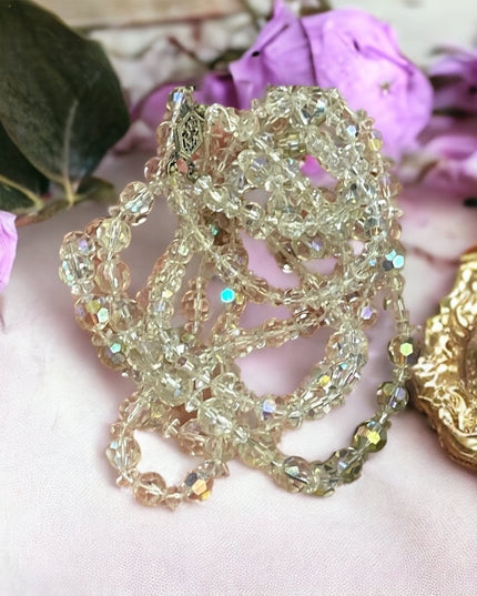 Vintage clear AB CZECH crystal double strand long fancy glass bead necklace 1960