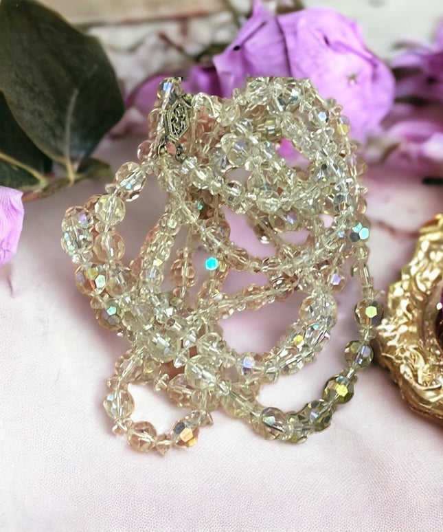 Vintage clear AB CZECH crystal double strand long fancy glass bead necklace 1960