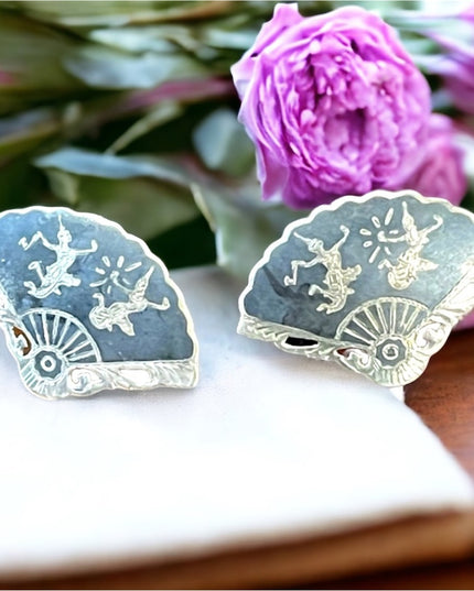 Vintage Sterling silver 925 Siam black enamel Goddess clip on earrings fan