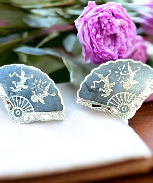 Vintage Sterling silver 925 Siam black enamel Goddess clip on earrings fan