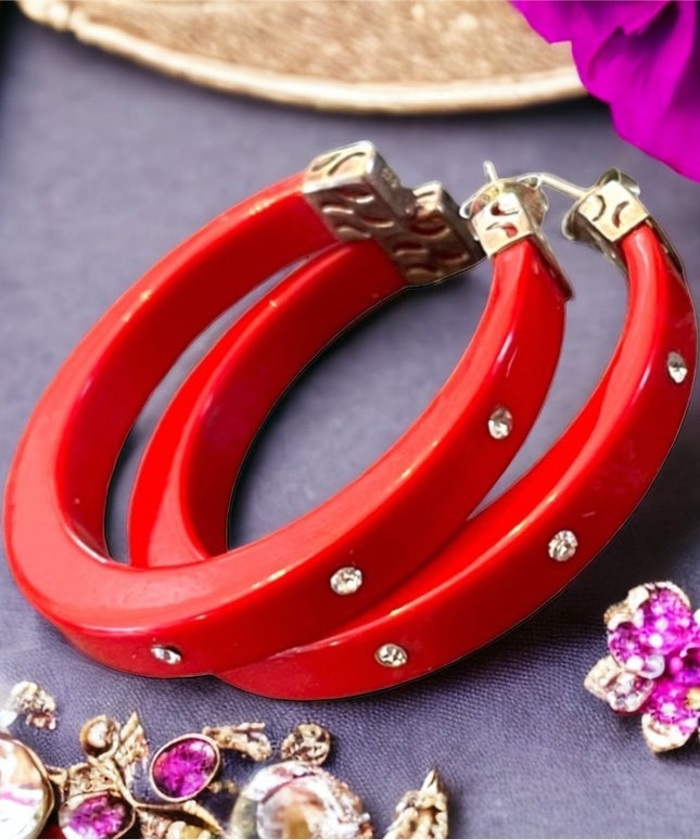 Sterling silver 925 RED nautical plastic CZ hoops