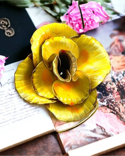 Vintage yellow gold enamel rose metal flower brooch