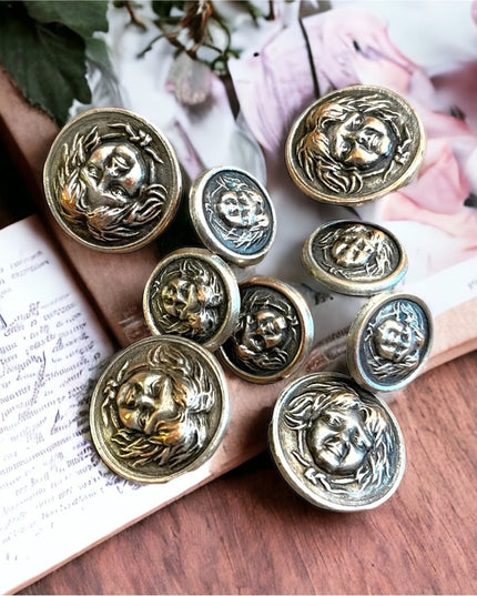 Vintage metal buttons gothic haunted face peasant women Medusa silver mix 1960s