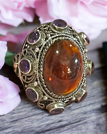 Vintage Sterling silver 925 China export Filagree Amethyst Amber chunky Ring